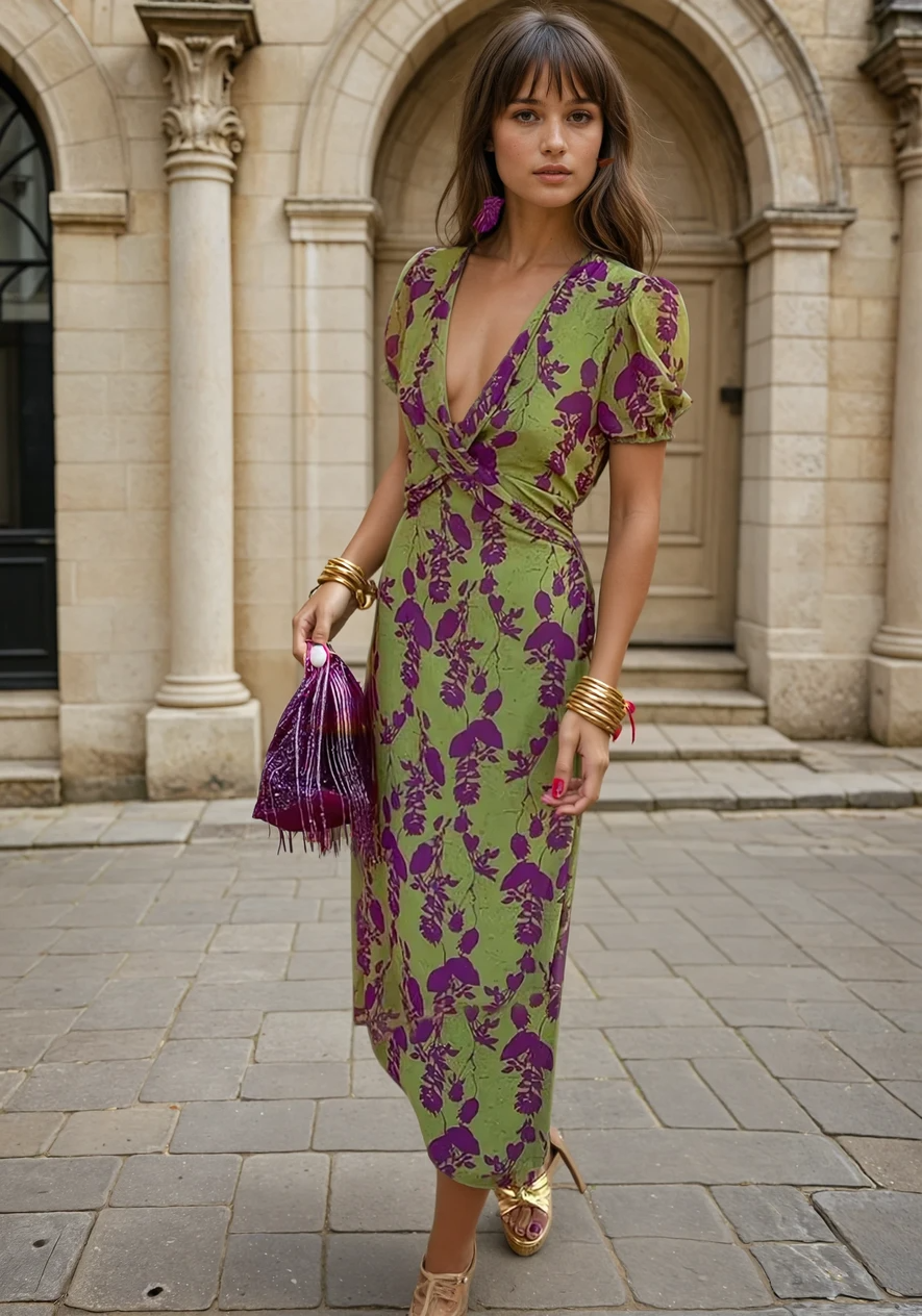 Arja | Femme Robe Midi Croisée Florale avec Décolleté en V