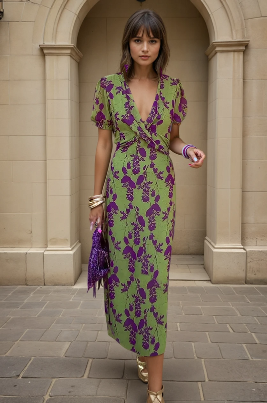 Arja | Femme Robe Midi Croisée Florale avec Décolleté en V