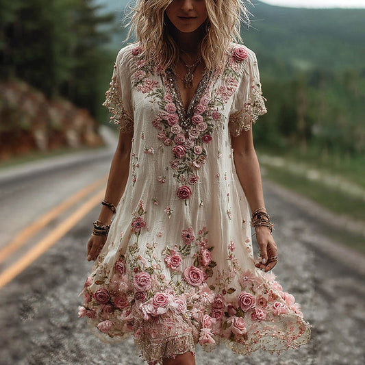 Ruby | Femme Robe à Décolleté en V et Broderie Florale
