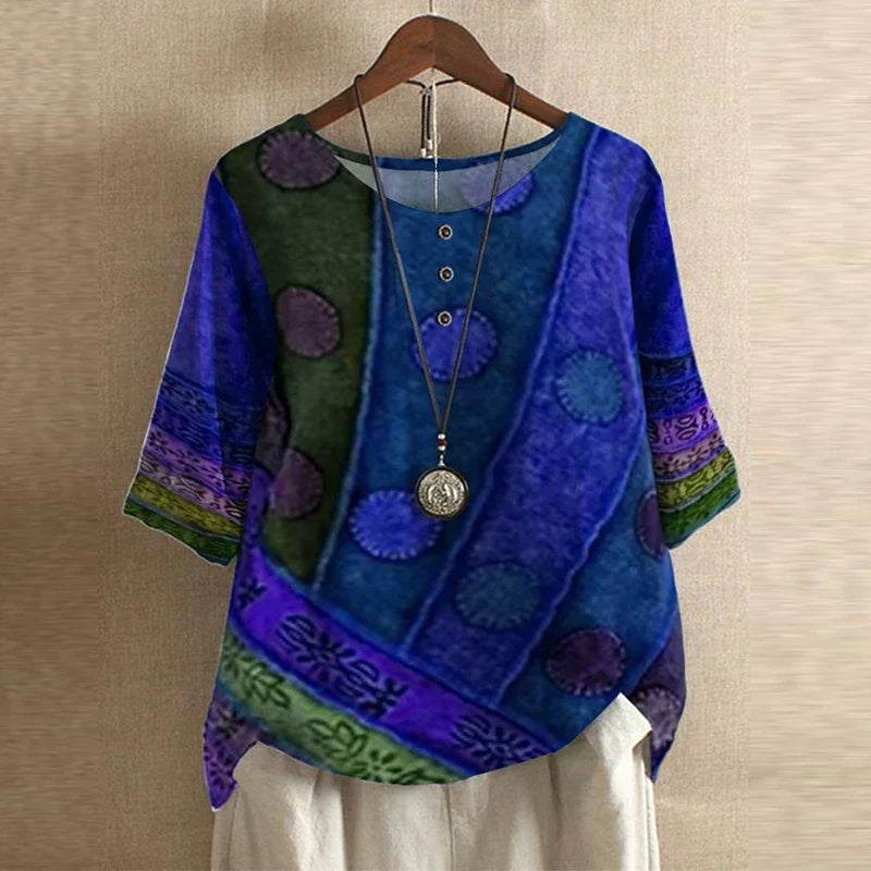 Anya | Femme Blouse Vintage Florale à Manches Trois Quarts