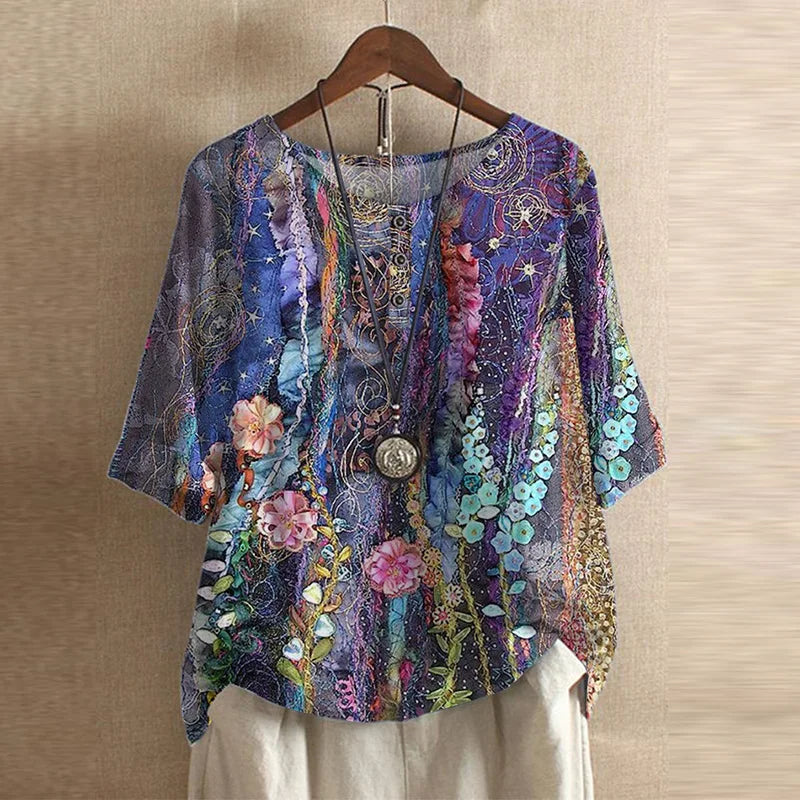 Anya | Femme Blouse Vintage Florale à Manches Trois Quarts