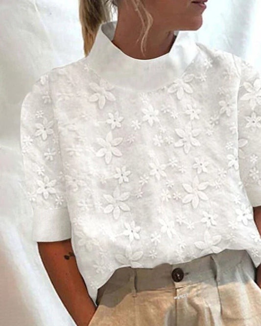 Juna | Femme Blouse à Col Montant avec Broderie Florale