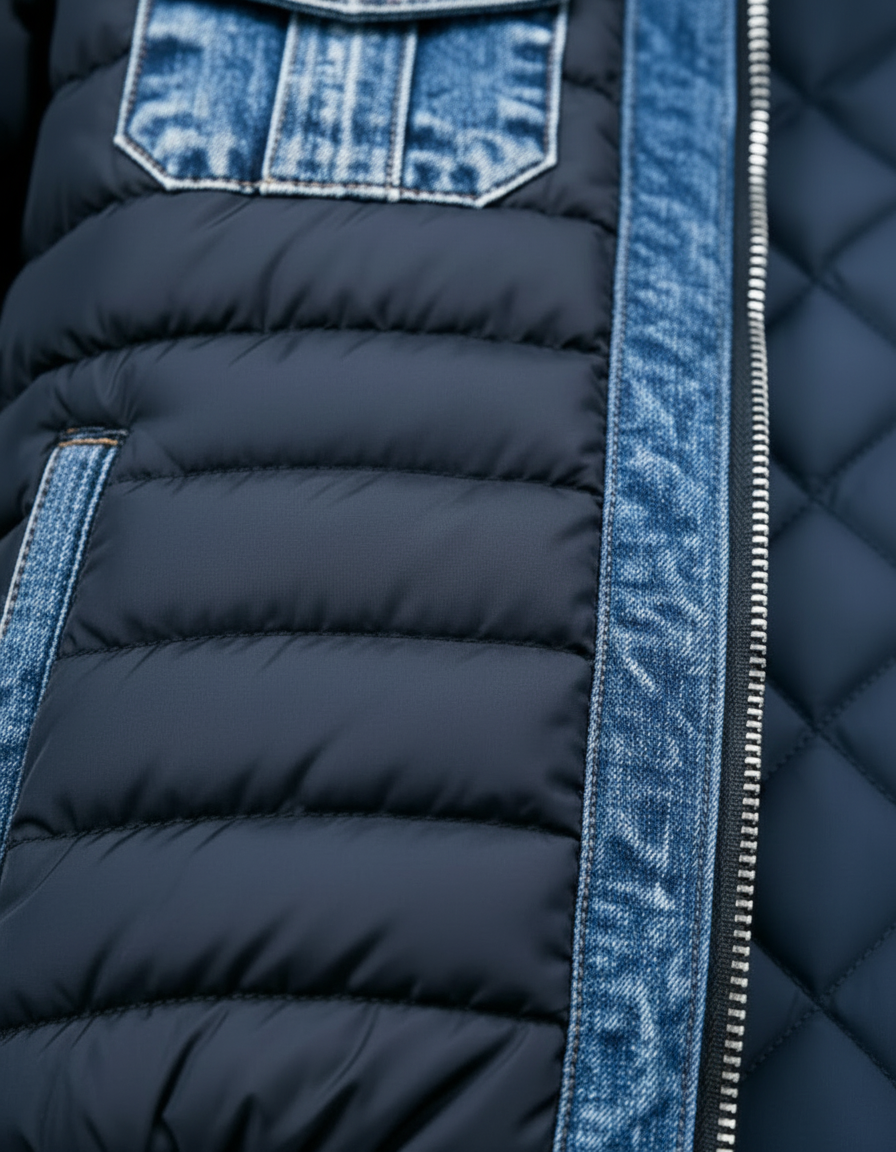 Jake | Homme Veste Puffer Hybride en Denim avec Col Haut