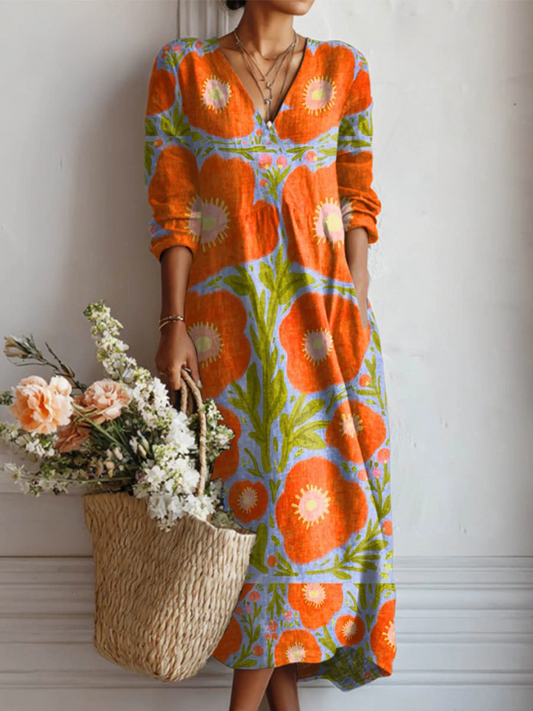 Savannah | Robe Midi Femme avec Décolleté en V et Imprimé Artistique