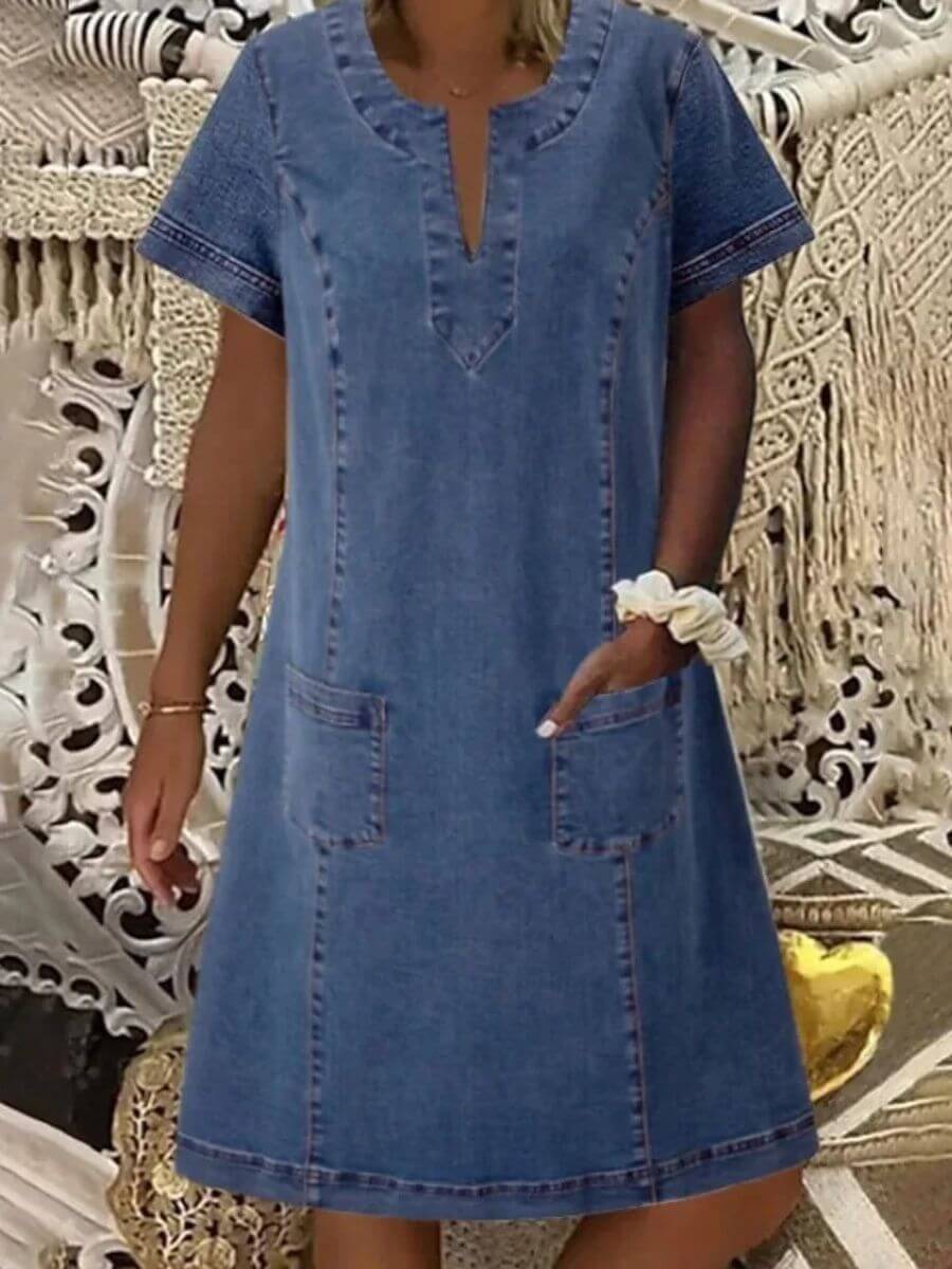 Barbara | Robe en Jean d'Été pour Femme avec Décolleté en V et Poches