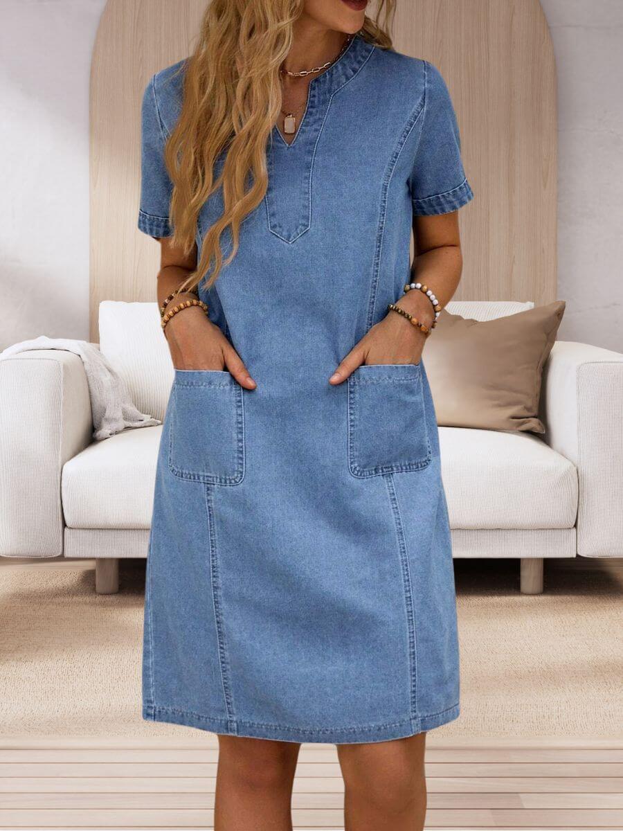 Barbara | Robe en Jean d'Été pour Femme avec Décolleté en V et Poches