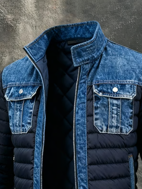 Jake | Homme Veste Puffer Hybride en Denim avec Col Haut