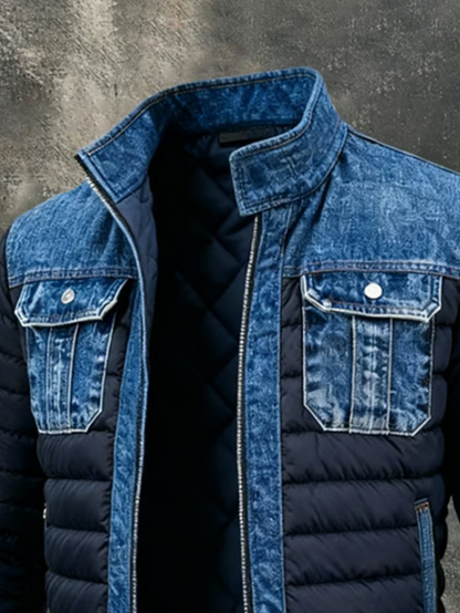 Jake | Homme Veste Puffer Hybride en Denim avec Col Haut