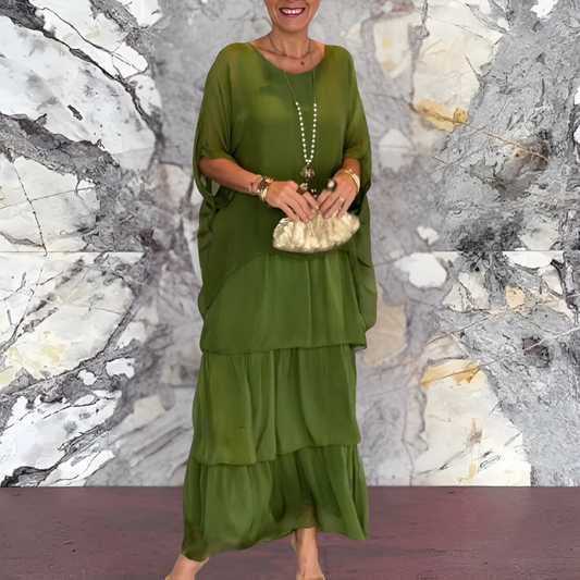 Jara | Femme Robe Longue avec Manches Chauve-Souris et Décolleté Rond