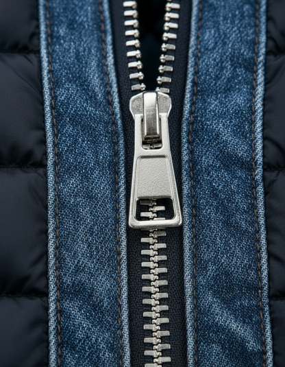 Jake | Homme Veste Puffer Hybride en Denim avec Col Haut